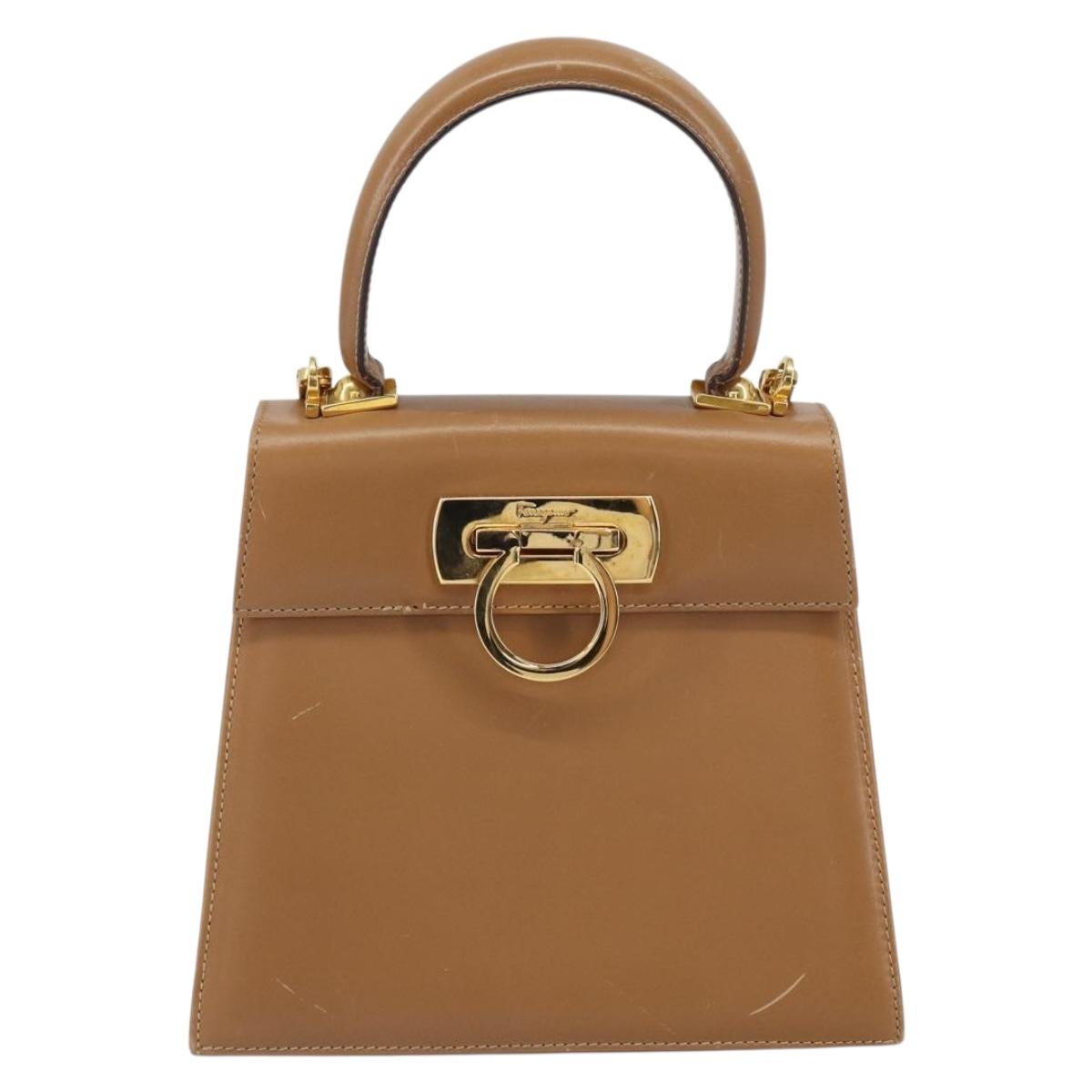 Salvatore Ferragamo Gancini Hand Bag Leather 2way Beige Gold Auth 161403