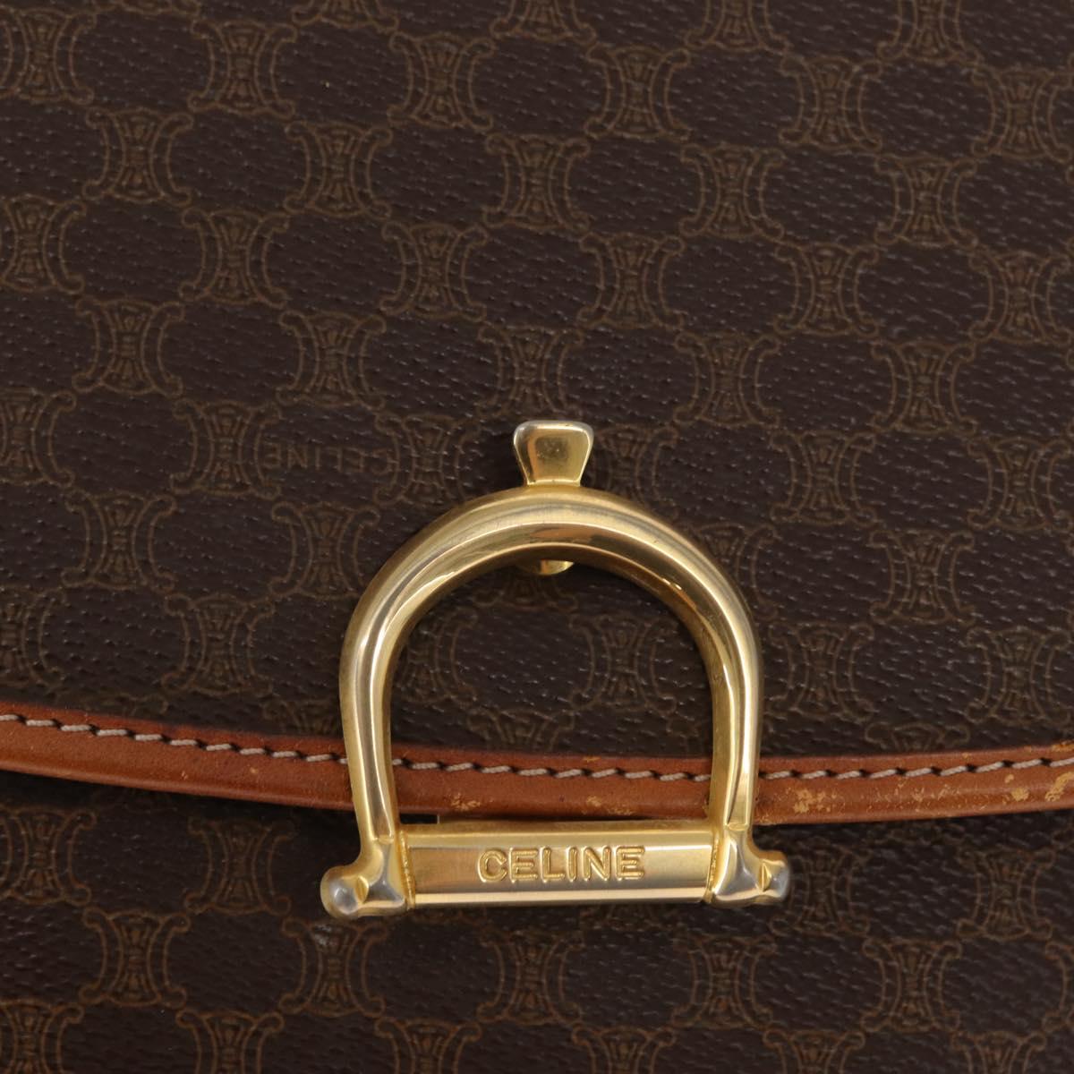 CELINE Macadam Canvas Hand Bag PVC Leather Brown Gold Auth 161411