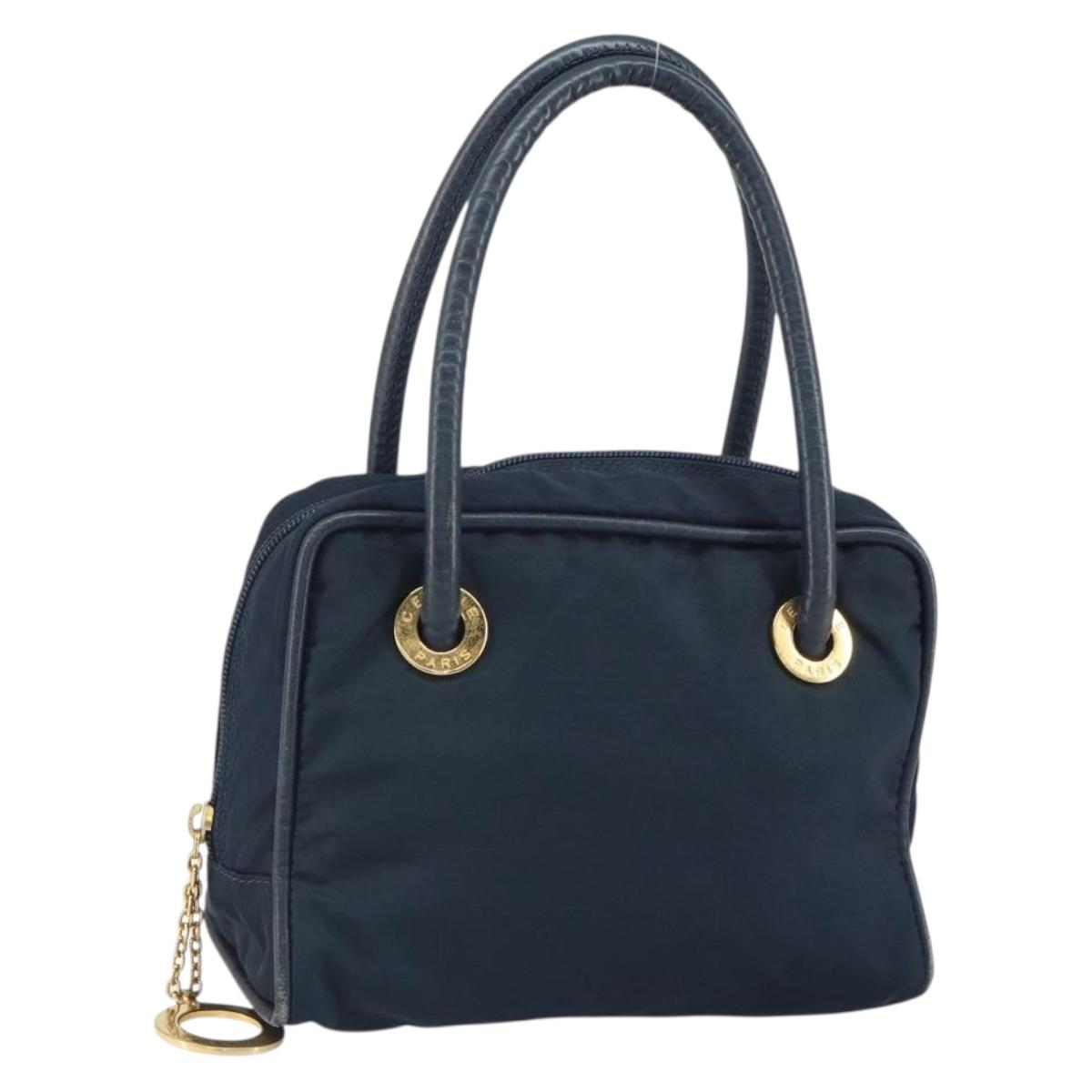 CELINE Circle Hand Bag Nylon Navy Gold Auth 161415