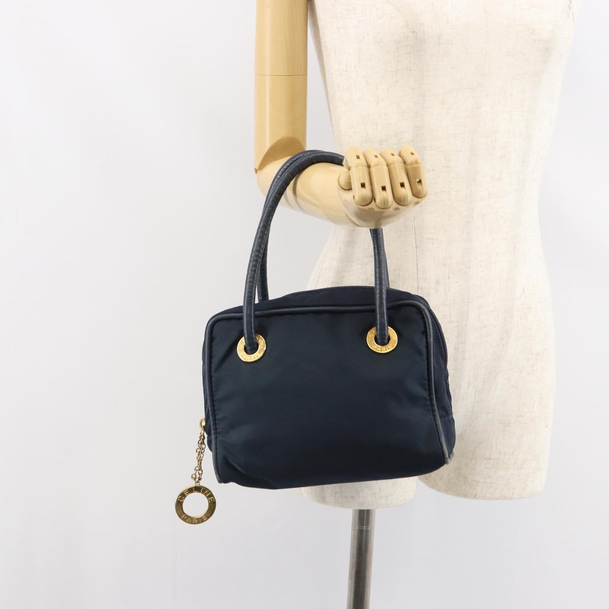 CELINE Circle Hand Bag Nylon Navy Gold Auth 161415