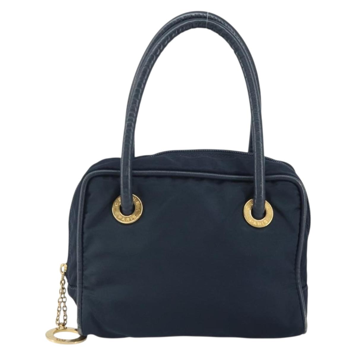 CELINE Circle Hand Bag Nylon Navy Gold Auth 161415