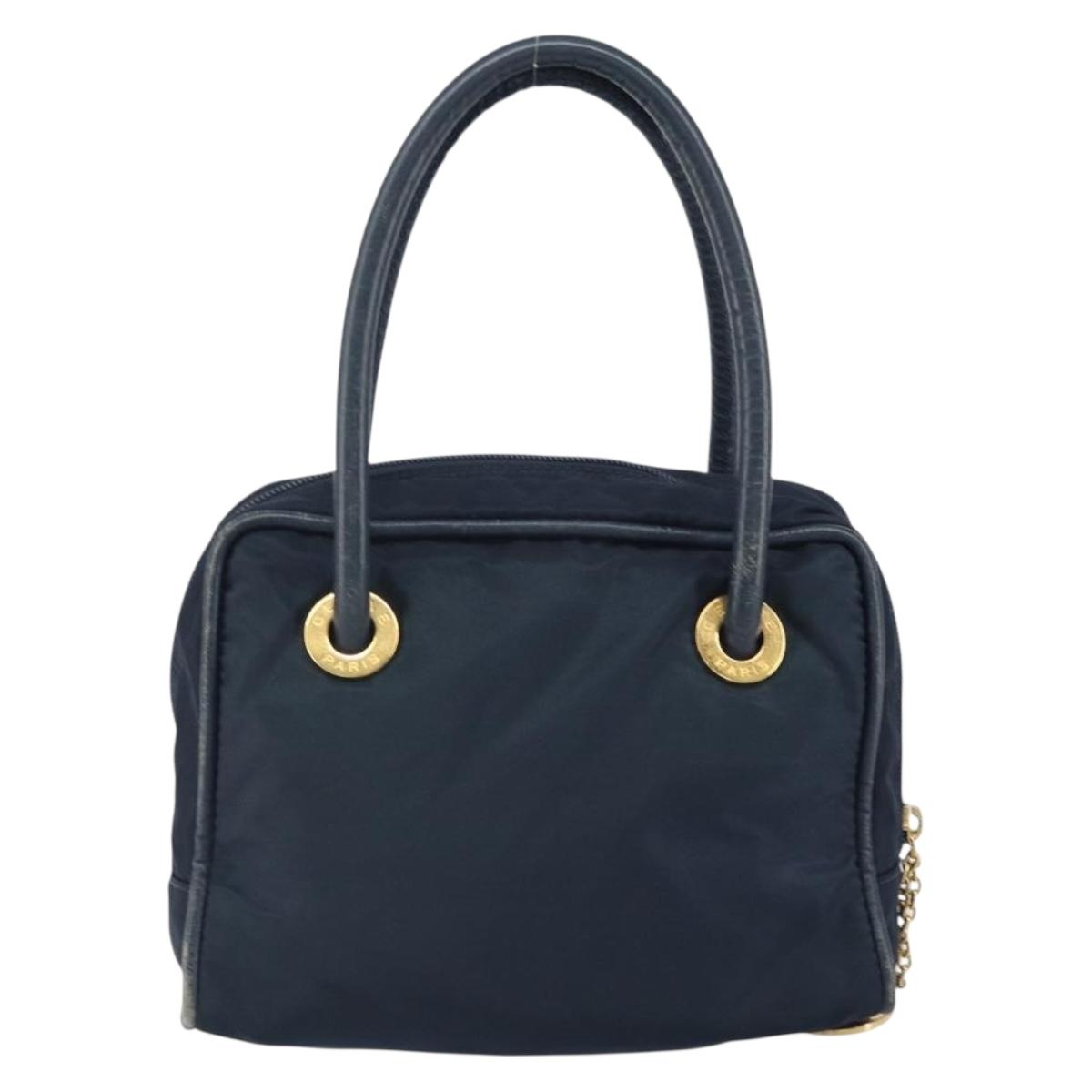 CELINE Circle Hand Bag Nylon Navy Gold Auth 161415