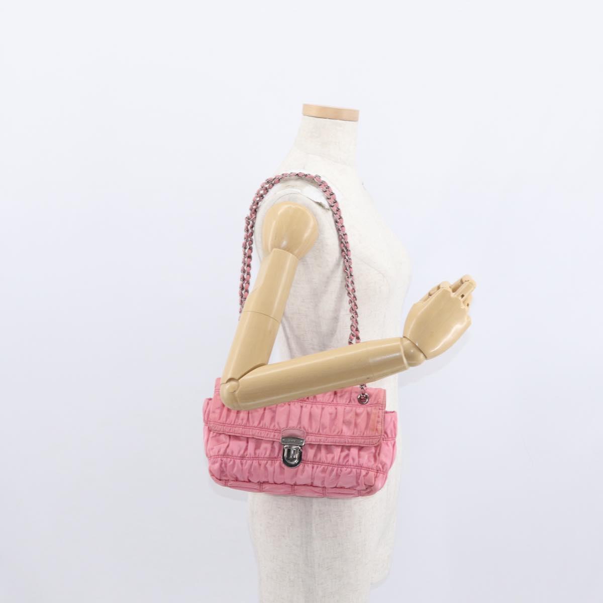 PRADA Gathered Chain Shoulder Bag Nylon Pink Silver Auth 161419