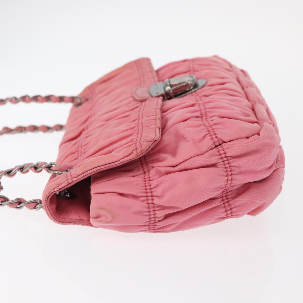 PRADA Gathered Chain Shoulder Bag Nylon Pink Silver Auth 161419