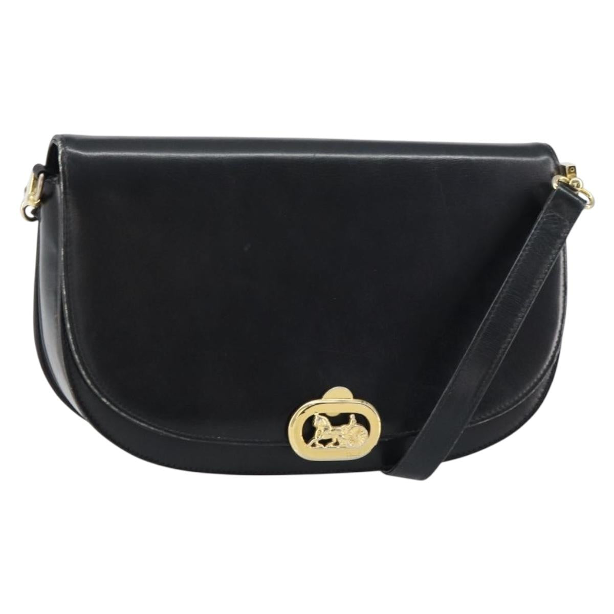 CELINE Horse Carriage Shoulder Bag Leather Black Gold Auth 161421