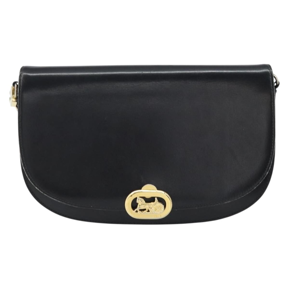 CELINE Horse Carriage Shoulder Bag Leather Black Gold Auth 161421