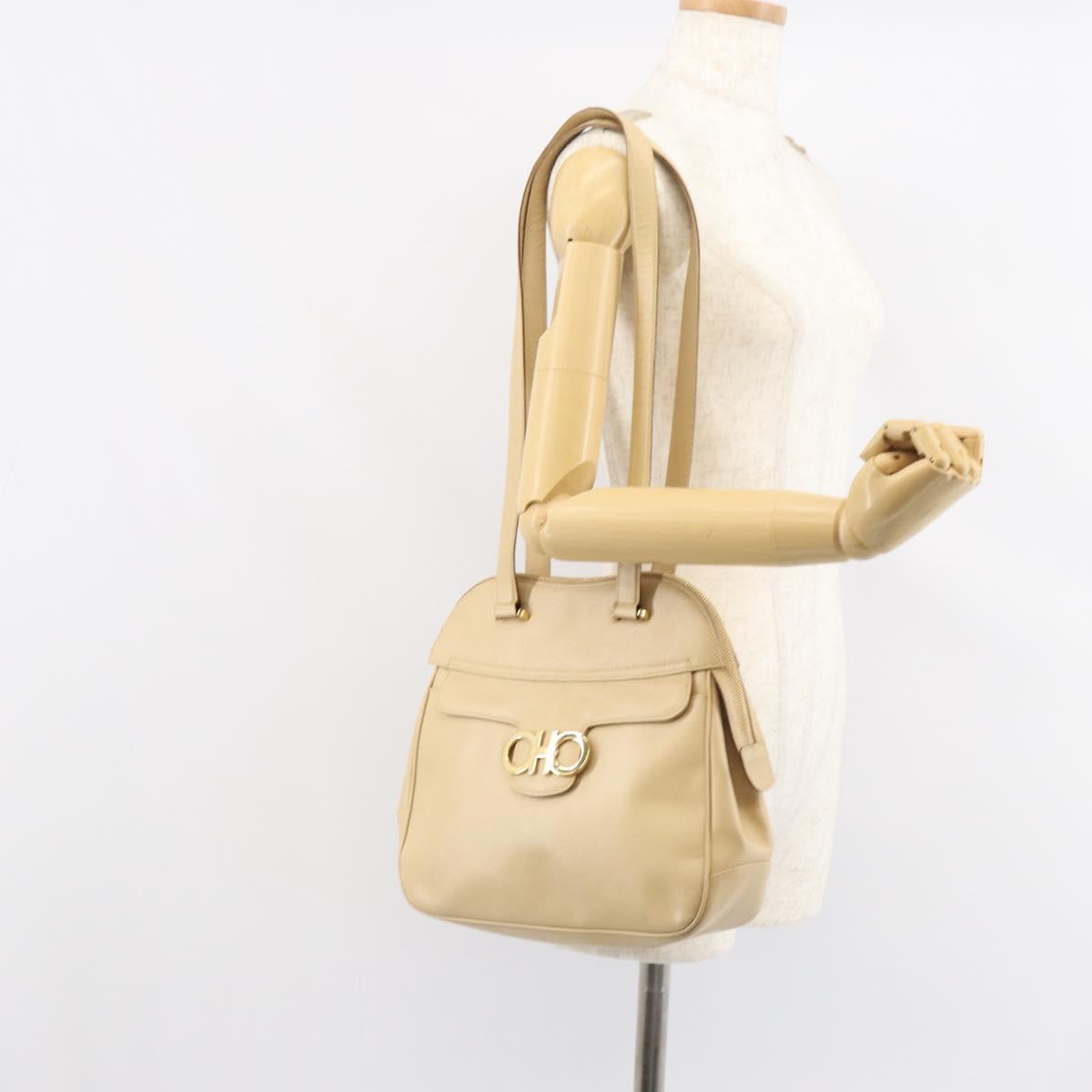 Salvatore Ferragamo Gancini Shoulder Bag Leather Beige Gold Auth 161430
