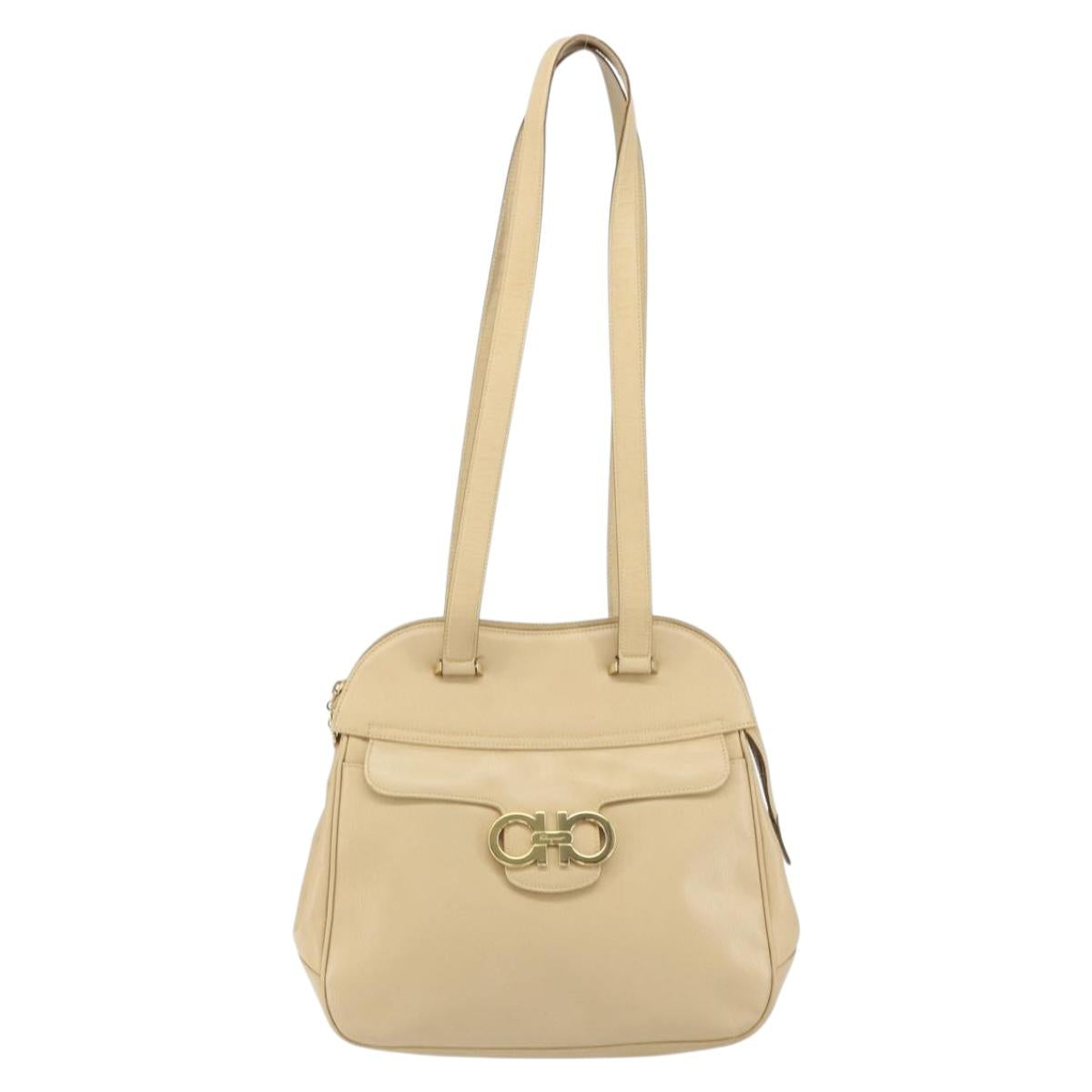 Salvatore Ferragamo Gancini Shoulder Bag Leather Beige Gold Auth 161430