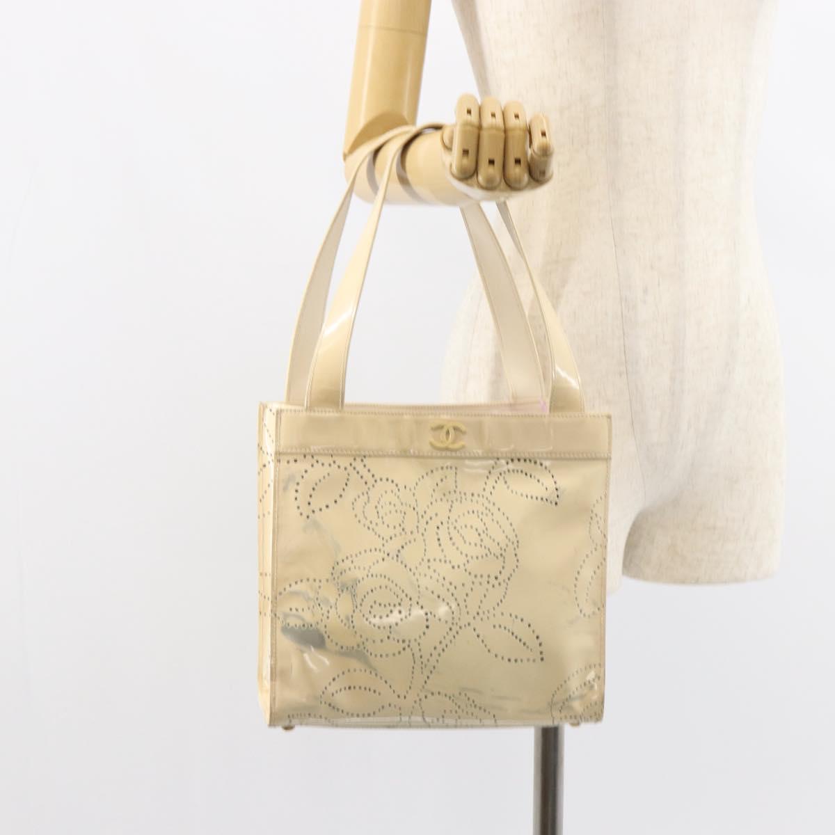 CHANEL Camelia Shoulder Bag Patent leather Ivory Gold CC Auth 161438