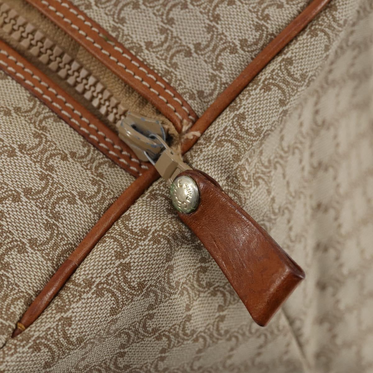 CELINE Macadam Canvas Boston Bag PVC Beige Gold Auth 161463