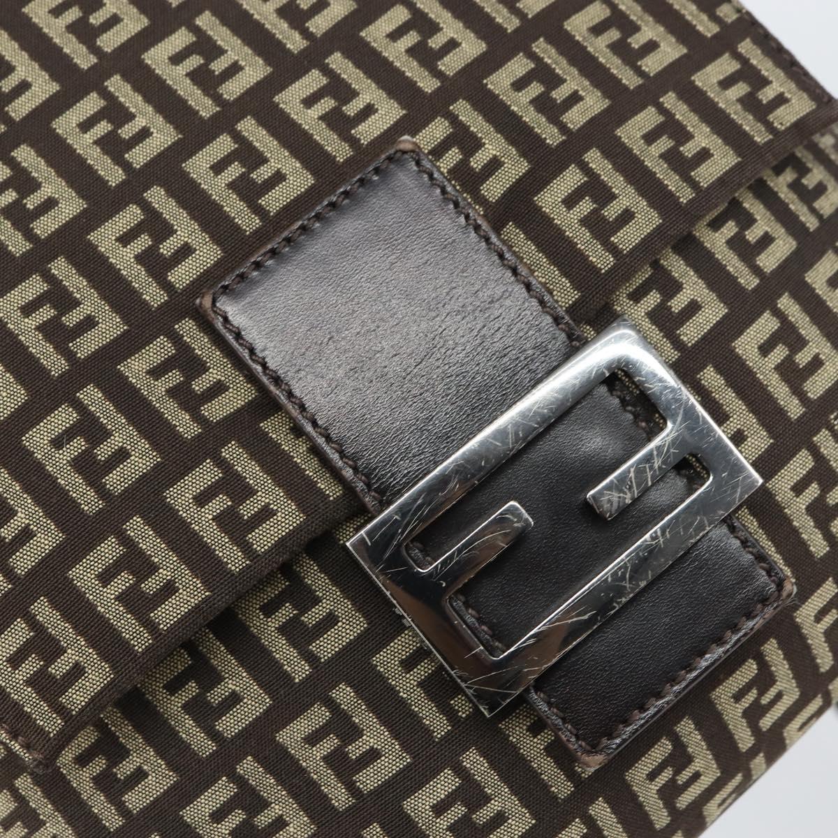 FENDI Zucchino Canvas Mamma Baguette Shoulder Bag Brown Silver Auth 161497