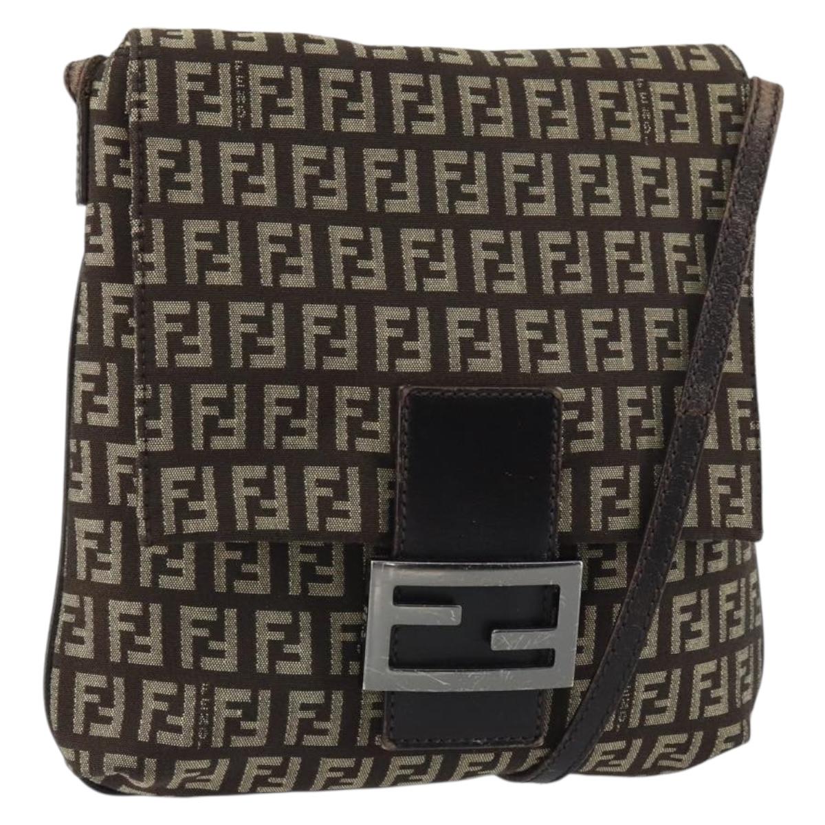 FENDI Zucchino Canvas Mamma Baguette Shoulder Bag Brown Silver Auth 161497