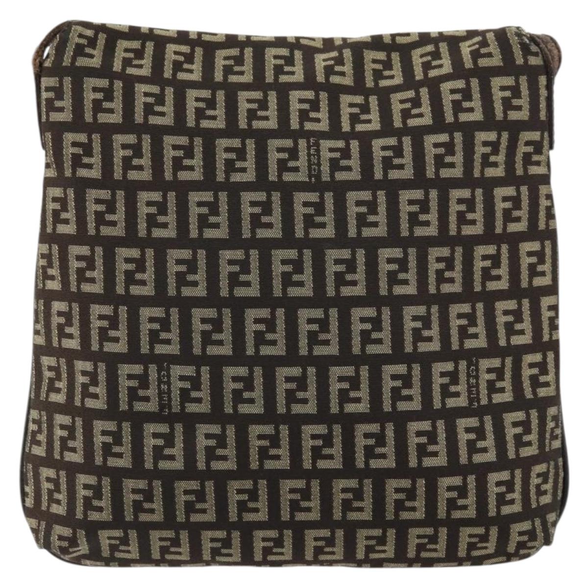 FENDI Zucchino Canvas Mamma Baguette Shoulder Bag Brown Silver Auth 161497