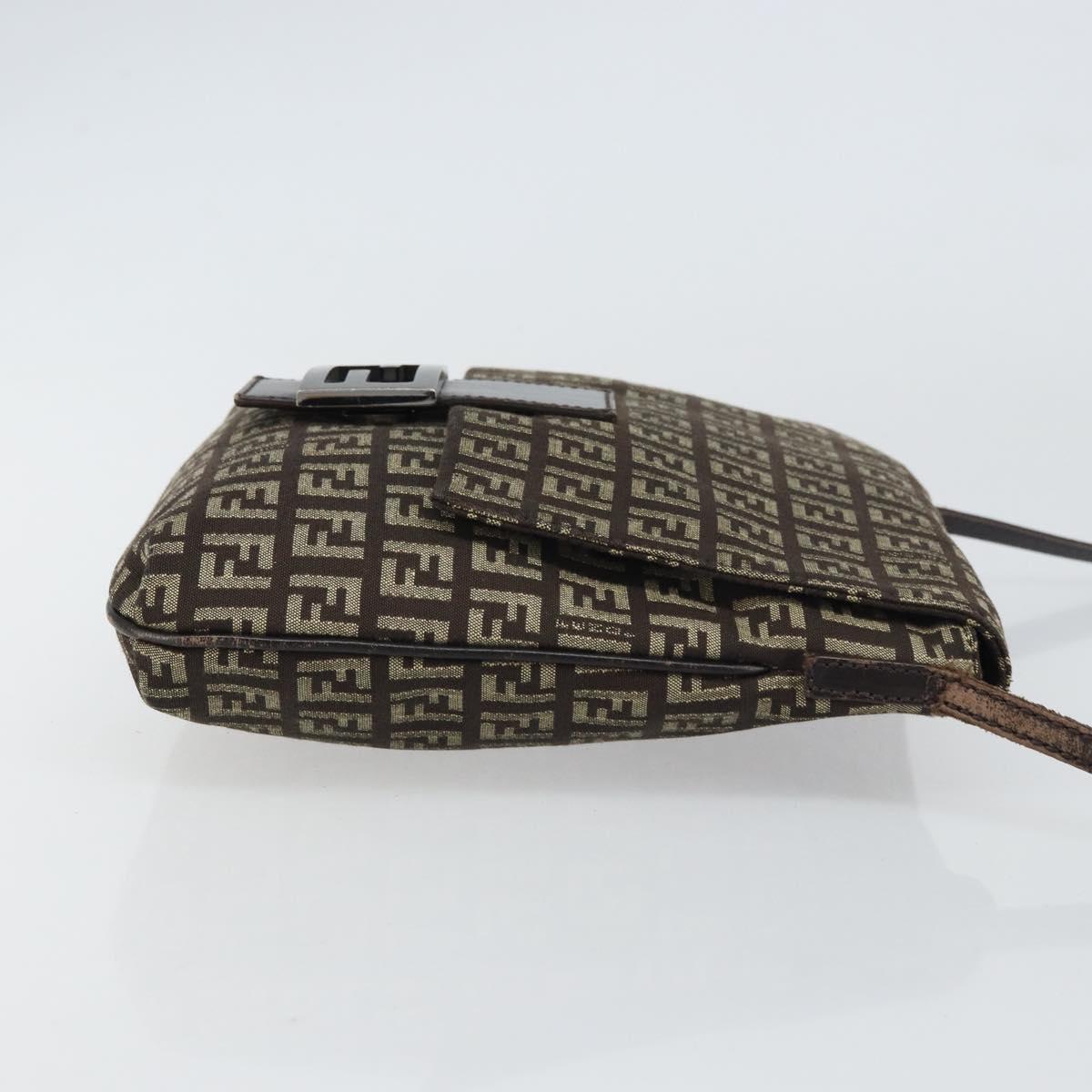 FENDI Zucchino Canvas Mamma Baguette Shoulder Bag Brown Silver Auth 161497