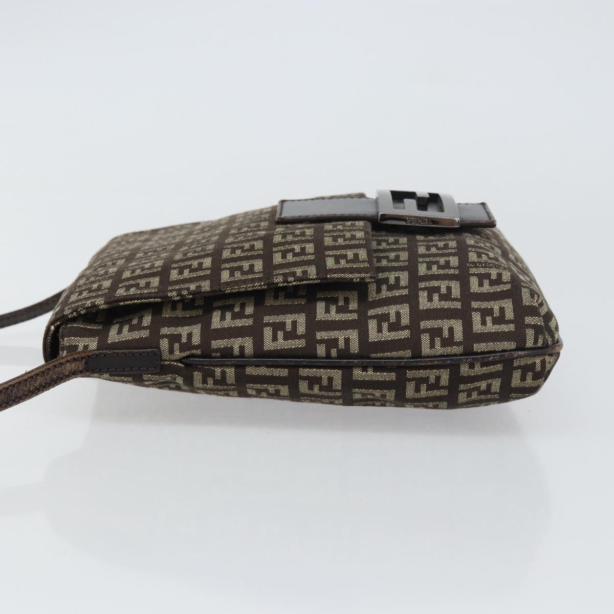 FENDI Zucchino Canvas Mamma Baguette Shoulder Bag Brown Silver Auth 161497