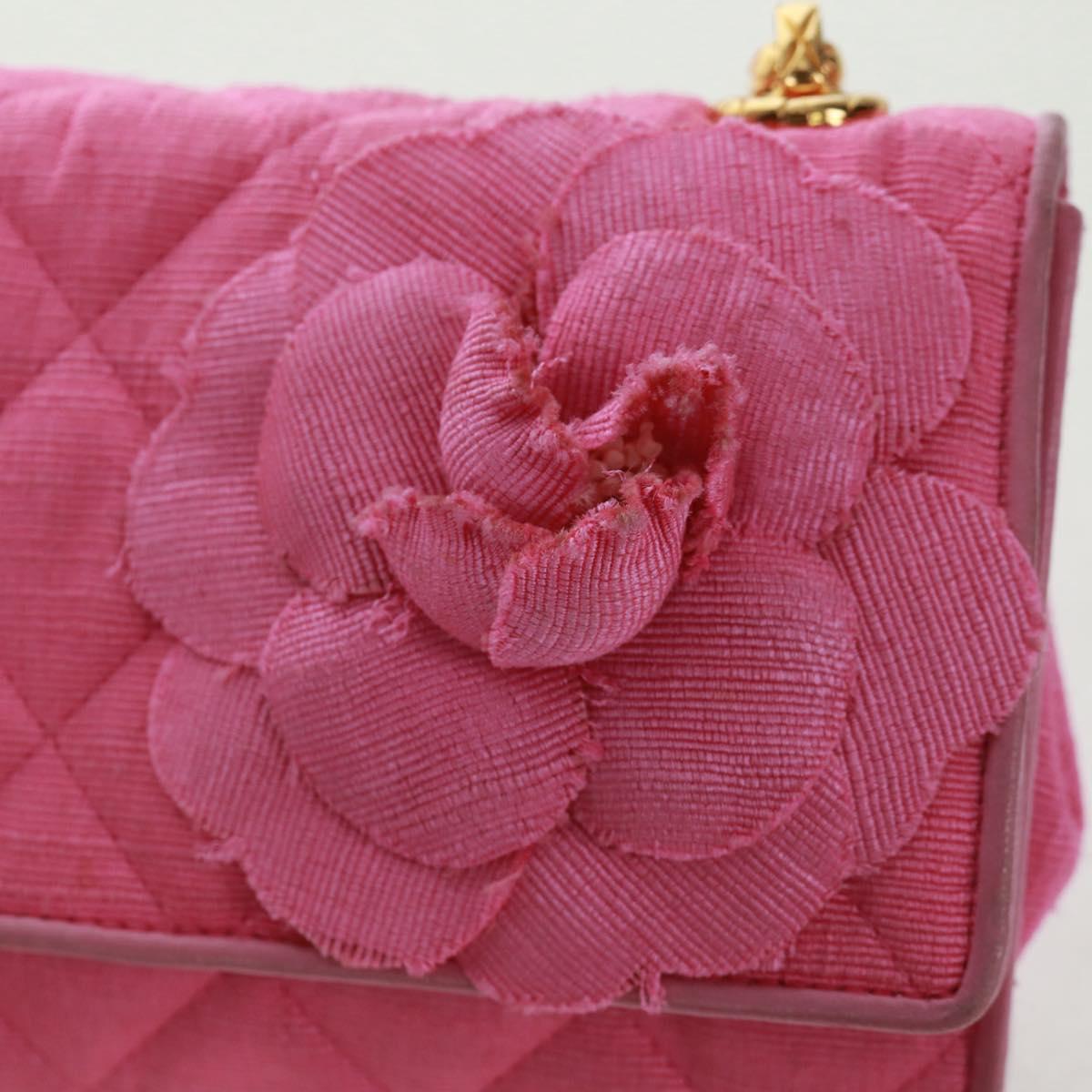 CHANEL Matelasse Chain Camelia Shoulder Bag Cotton Pink Gold CC Auth 161522V