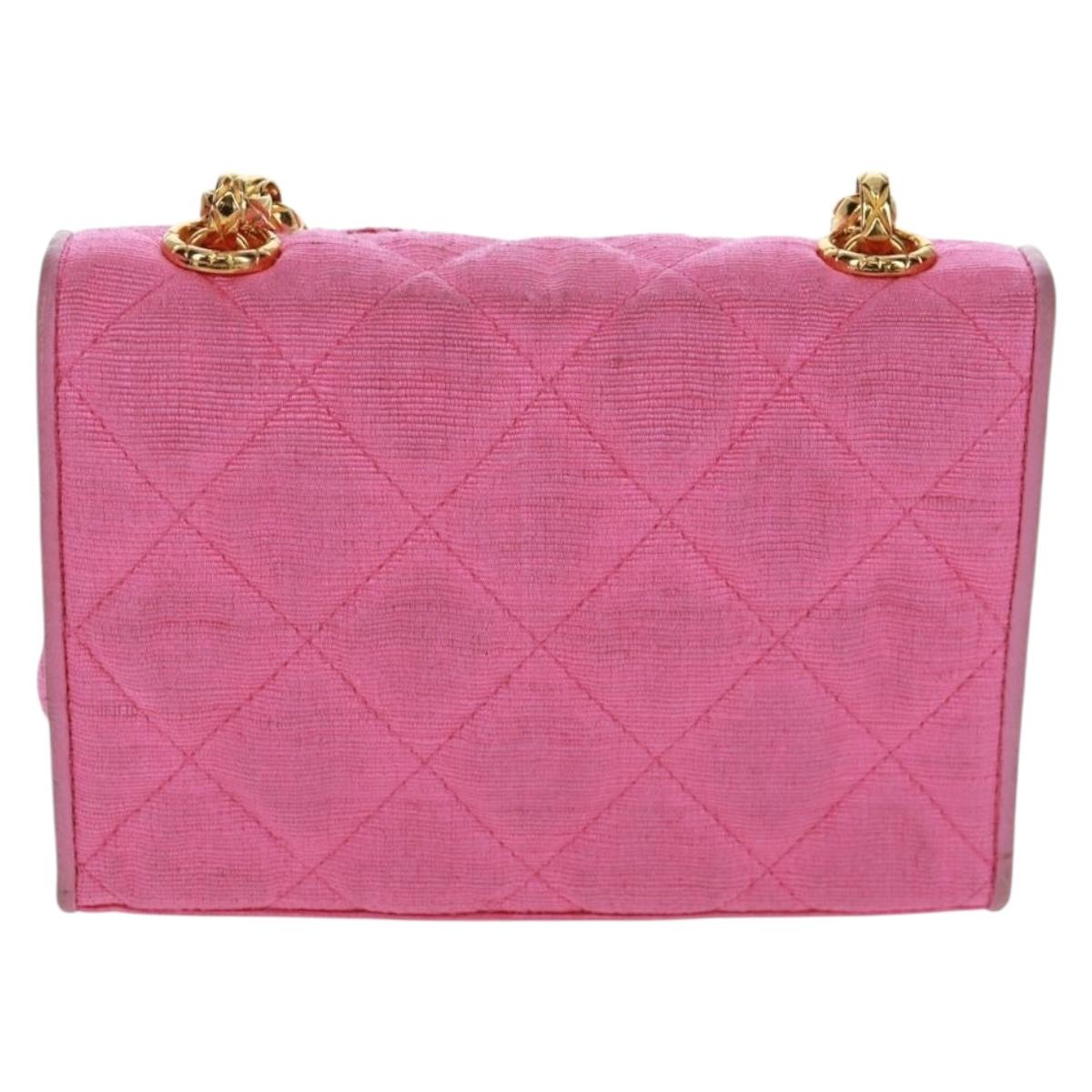 CHANEL Matelasse Chain Camelia Shoulder Bag Cotton Pink Gold CC Auth 161522V