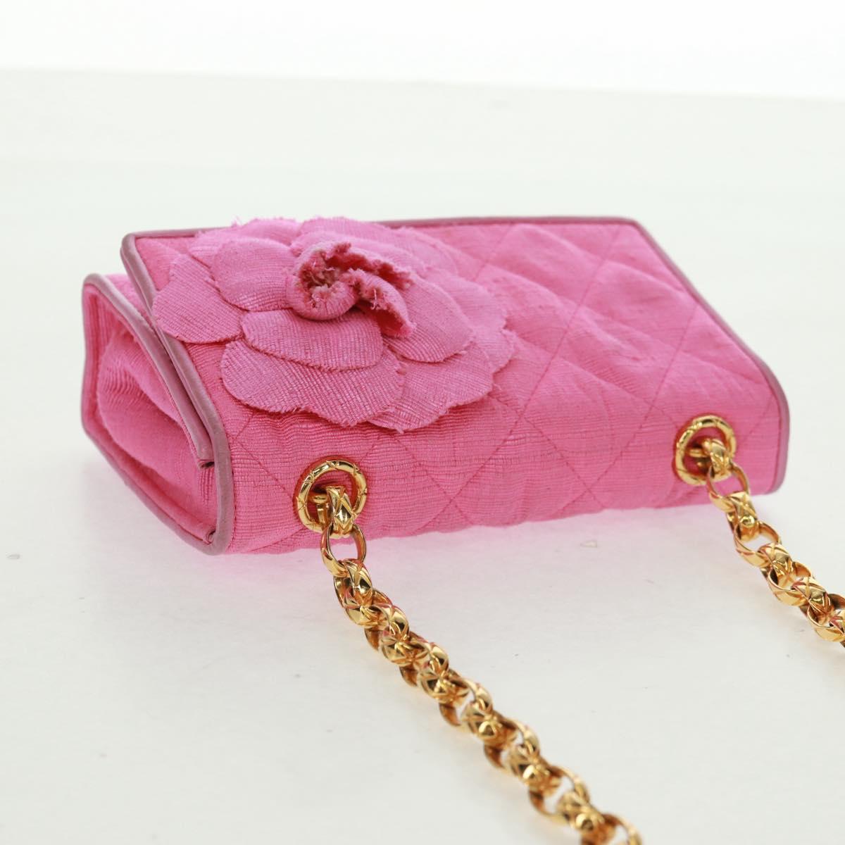CHANEL Matelasse Chain Camelia Shoulder Bag Cotton Pink Gold CC Auth 161522V