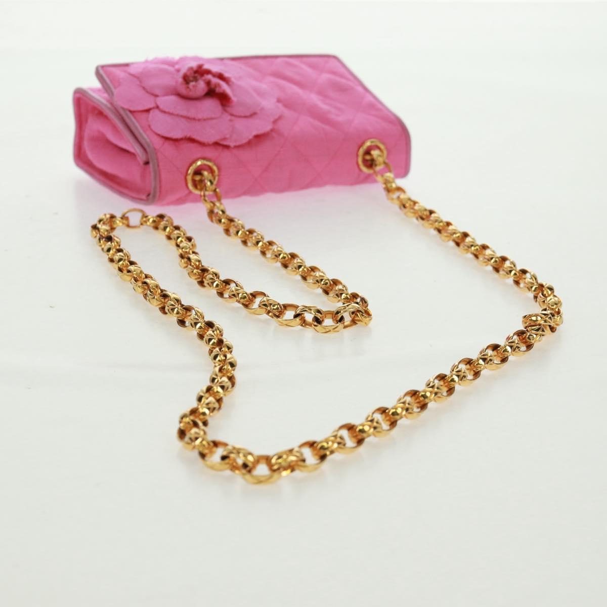 CHANEL Matelasse Chain Camelia Shoulder Bag Cotton Pink Gold CC Auth 161522V