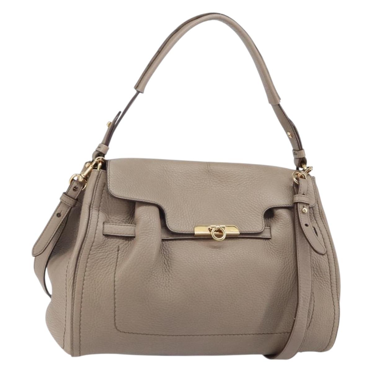 Salvatore Ferragamo Gancini Hand Bag Leather 2way Beige Gold Auth 161535