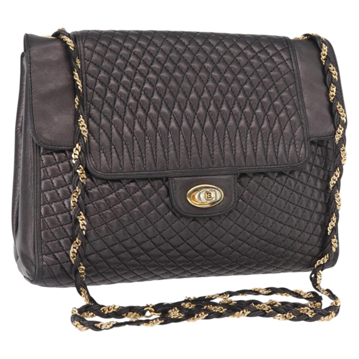 BALLY Chain Shoulder Bag Leather Black Gold Auth 161547