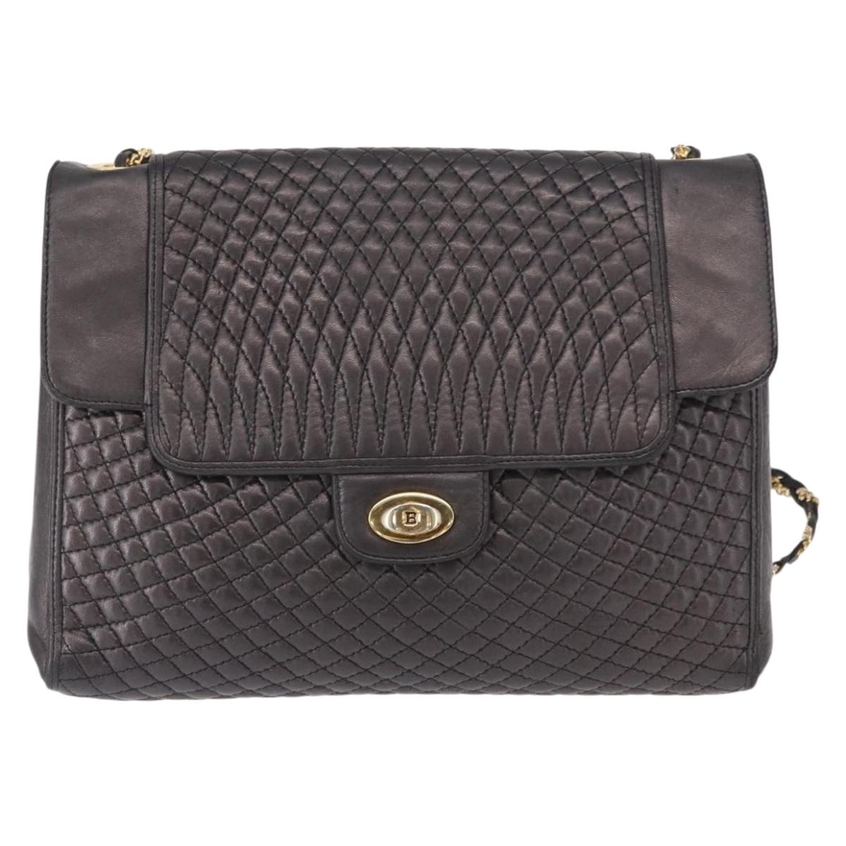 BALLY Chain Shoulder Bag Leather Black Gold Auth 161547