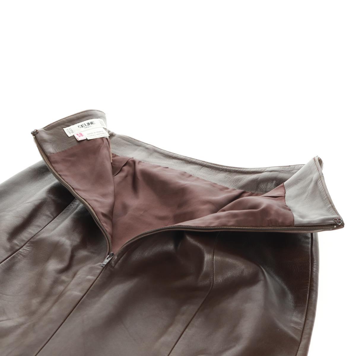 CELINE Skirt Lamb Skin Brown Gold Auth 161571V