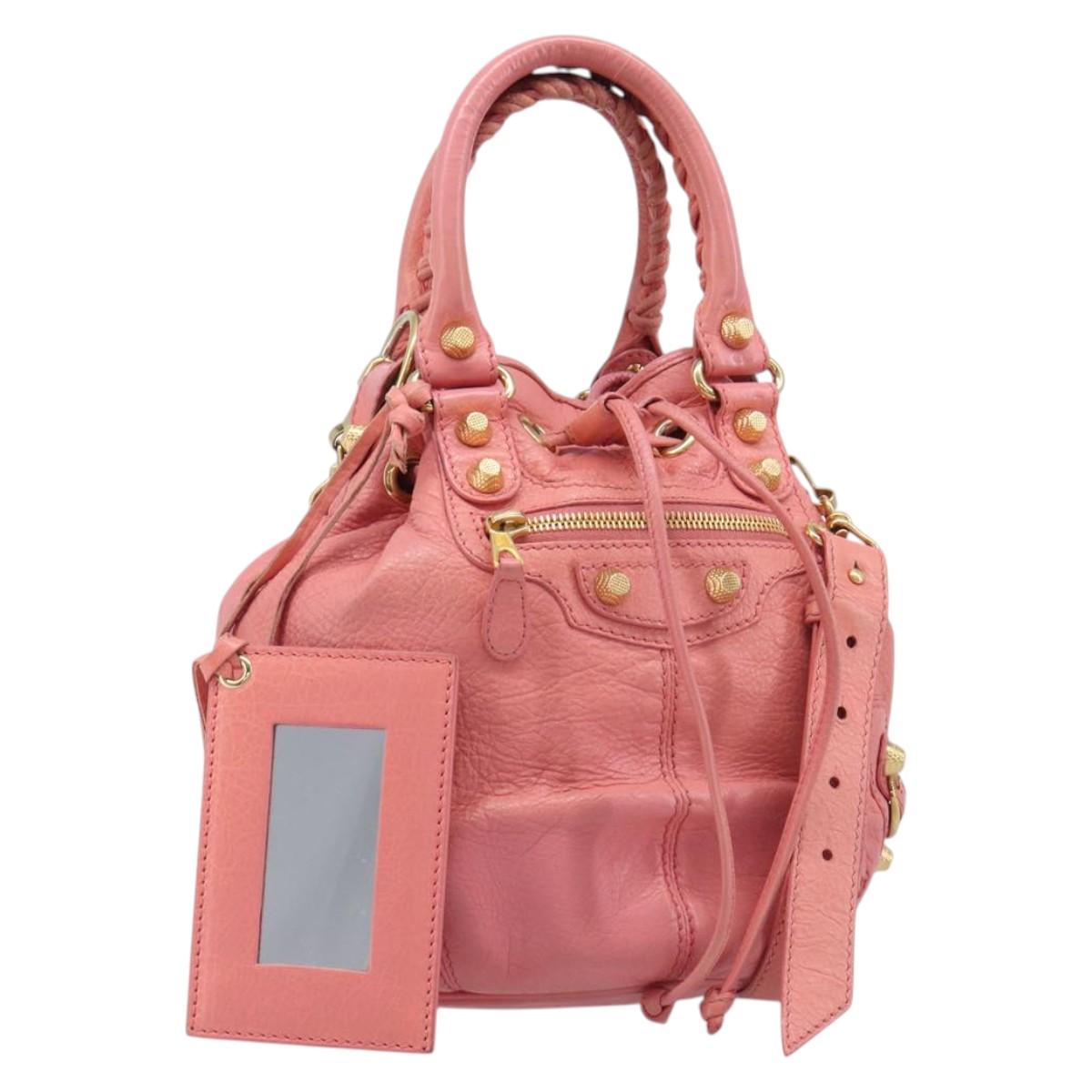BALENCIAGA Giant Mini Pom Pom Hand Bag Leather 2way Pink Gold Auth 161592V