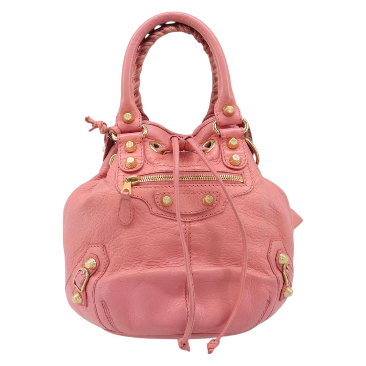 BALENCIAGA Giant Mini Pom Pom Hand Bag Leather 2way Pink Gold Auth 161592V