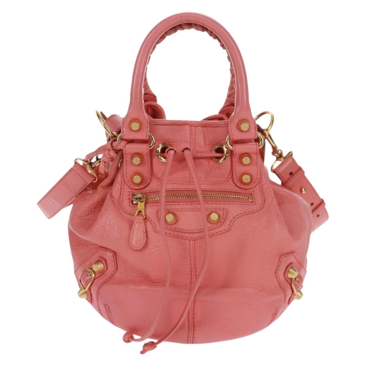 BALENCIAGA Giant Mini Pom Pom Hand Bag Leather 2way Pink Gold Auth 161592V