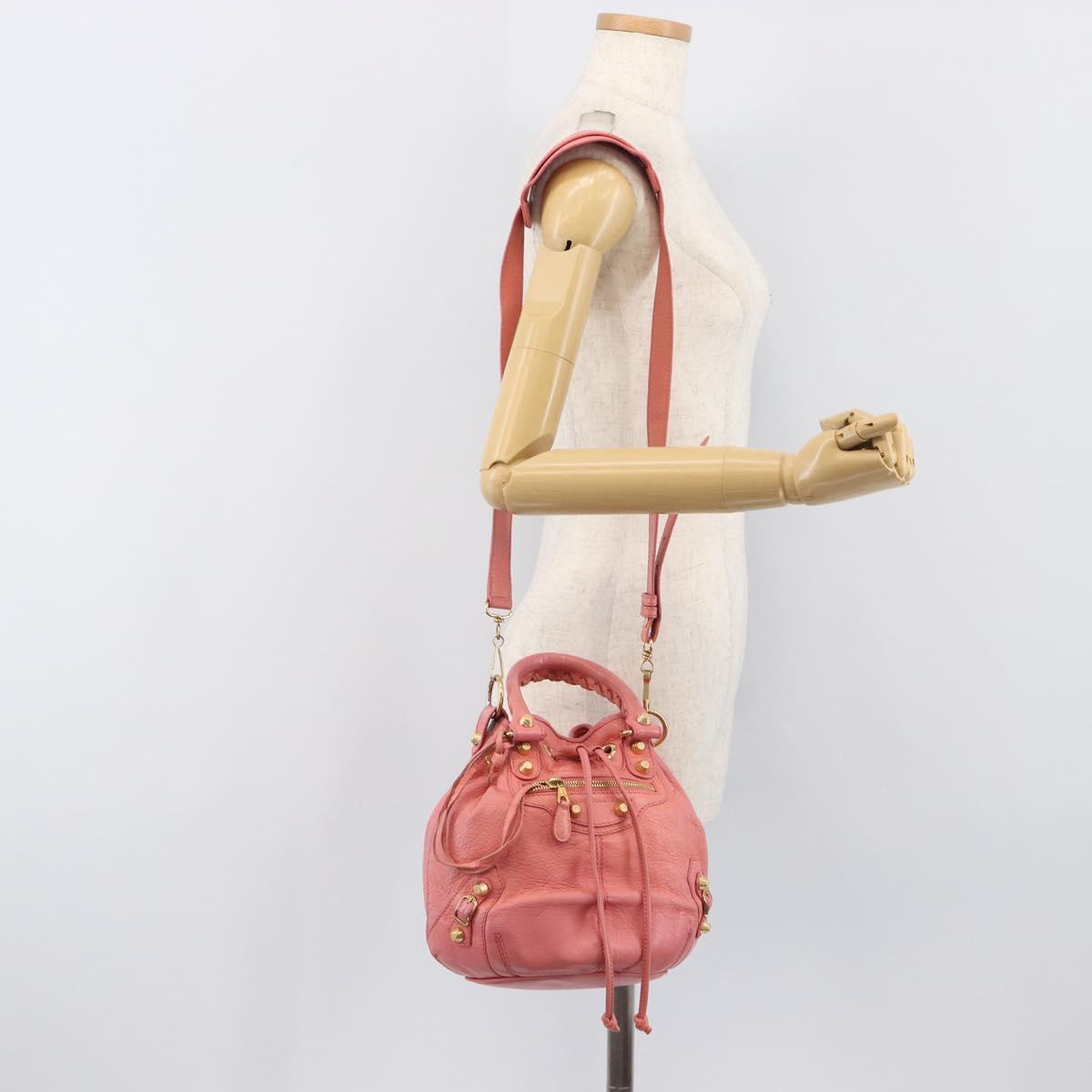 BALENCIAGA Giant Mini Pom Pom Hand Bag Leather 2way Pink Gold Auth 161592V