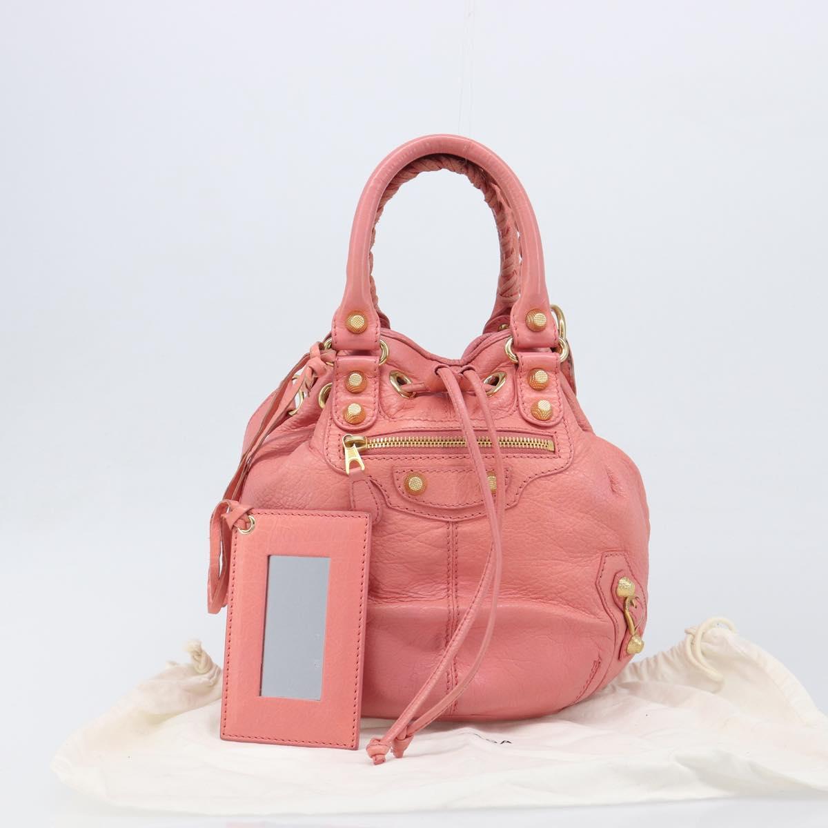 BALENCIAGA Giant Mini Pom Pom Hand Bag Leather 2way Pink Gold Auth 161592V