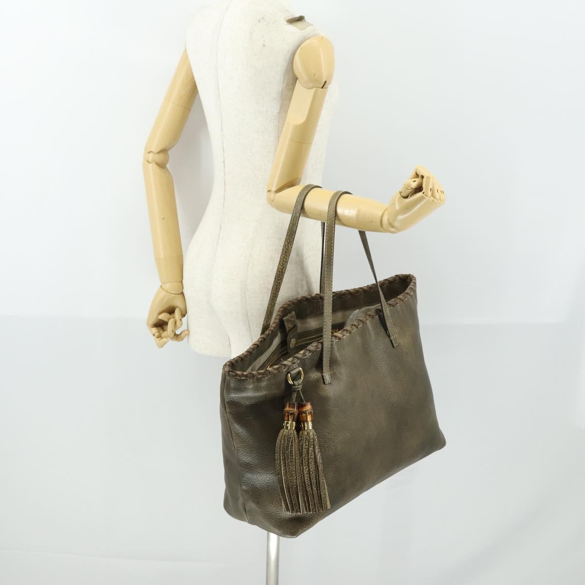 GUCCI Bamboo Shoulder Bag Leather Brown Gold 218499 Auth 161596