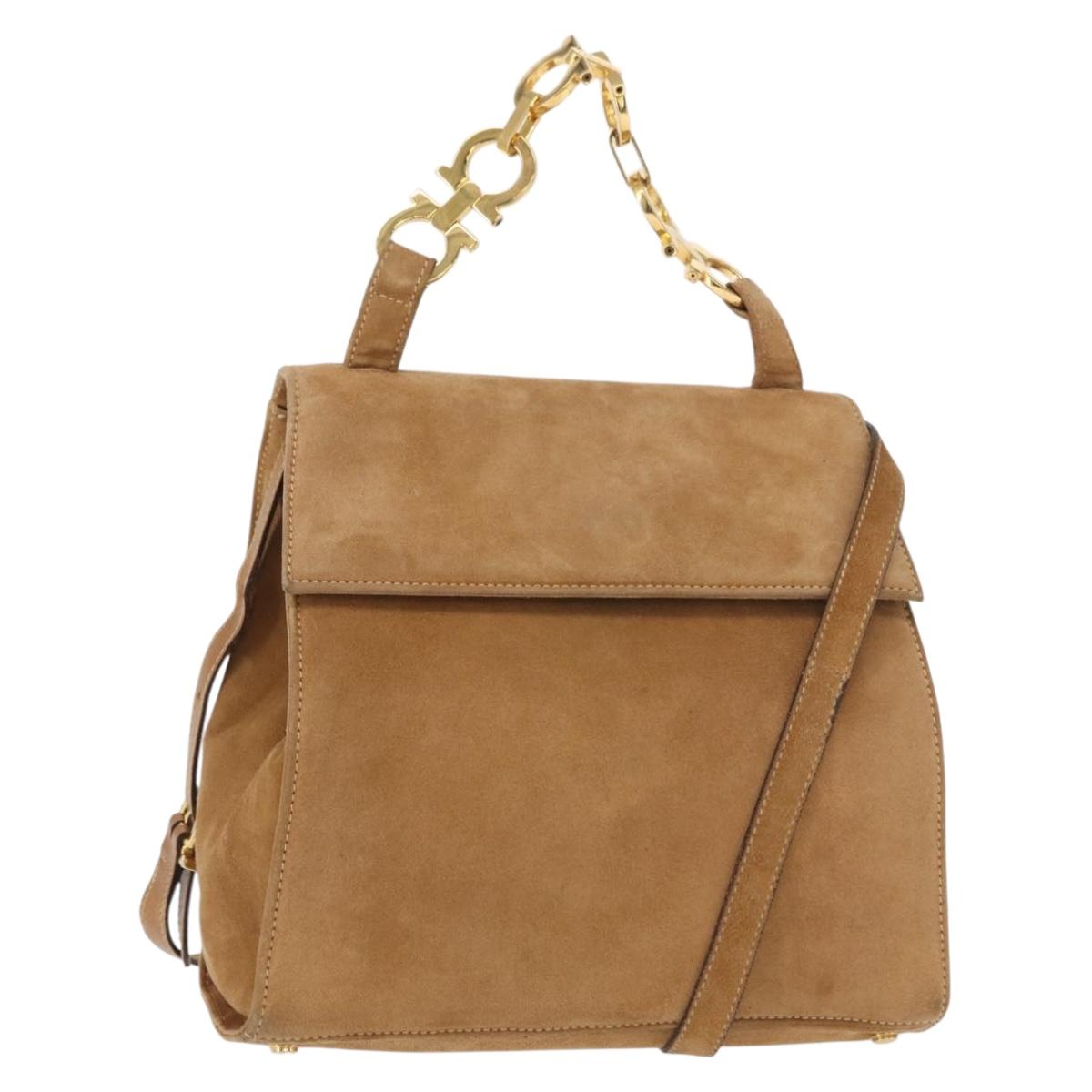 Salvatore Ferragamo Gancini Hand Bag Suede 2way Beige Gold Auth 161599