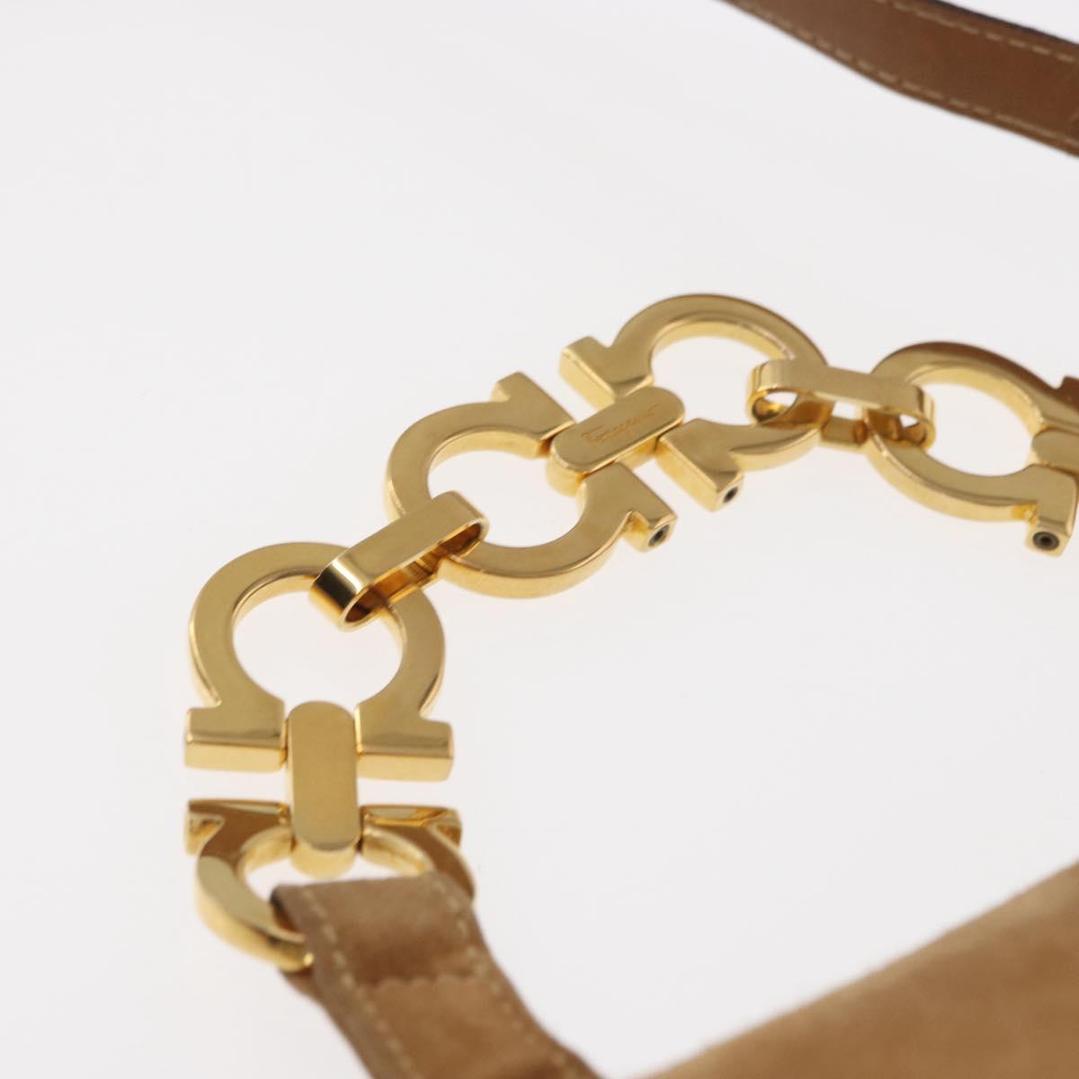 Salvatore Ferragamo Gancini Hand Bag Suede 2way Beige Gold Auth 161599