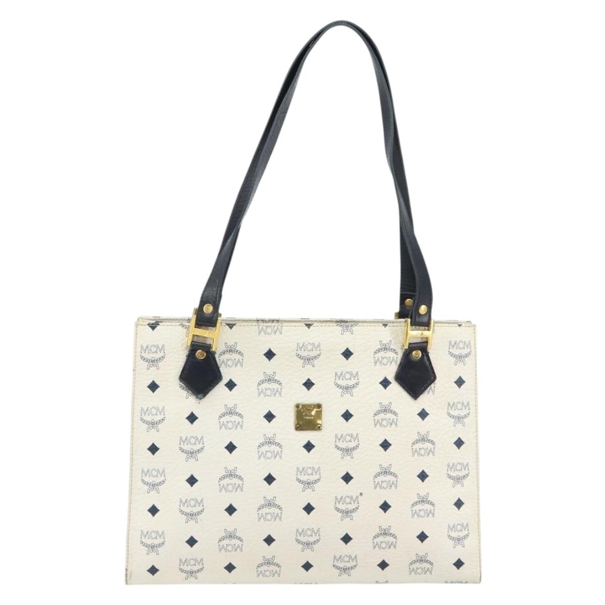 MCM Logogram Vicetos Tote Bag Leather White Gold Auth 161620
