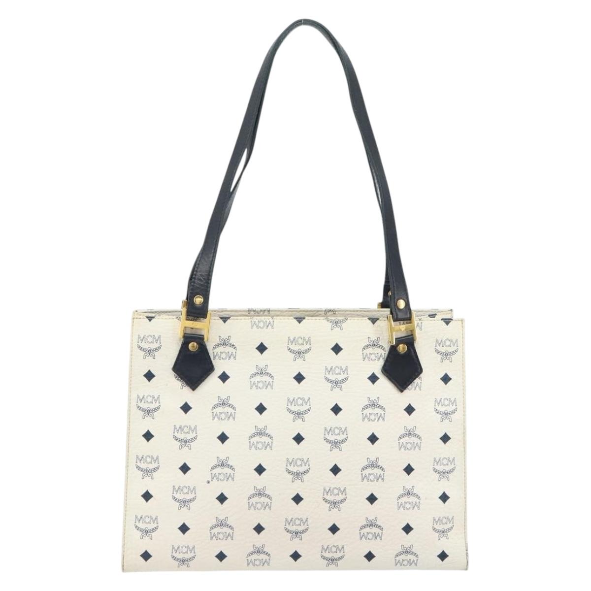 MCM Logogram Vicetos Tote Bag Leather White Gold Auth 161620