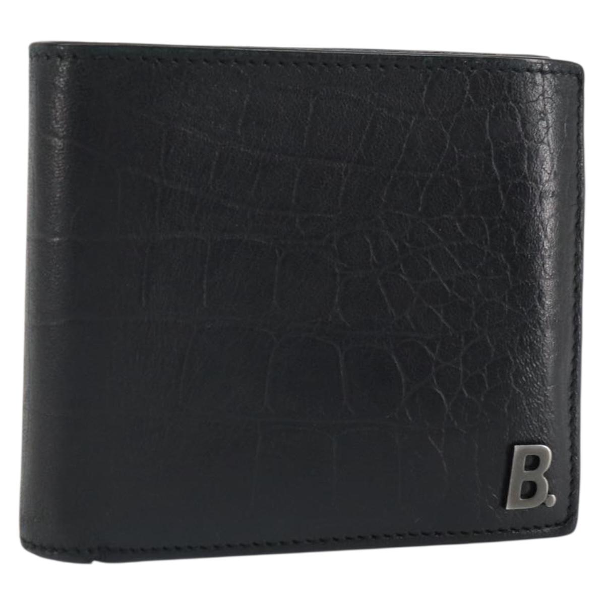 BALENCIAGA Compact Wallet Leather Black Auth 161631