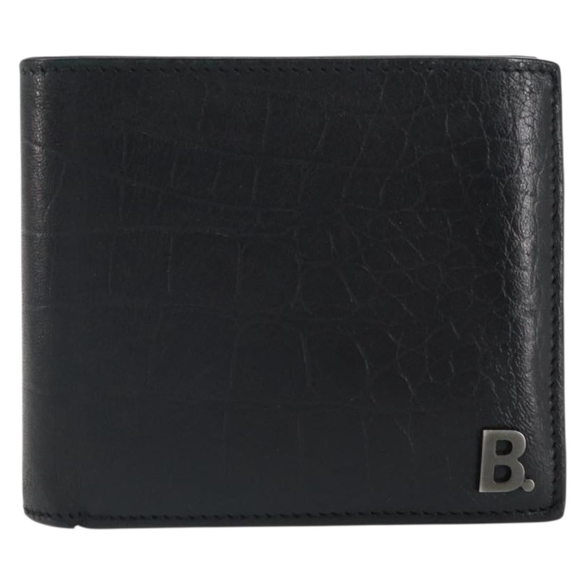 BALENCIAGA Compact Wallet Leather Black Auth 161631