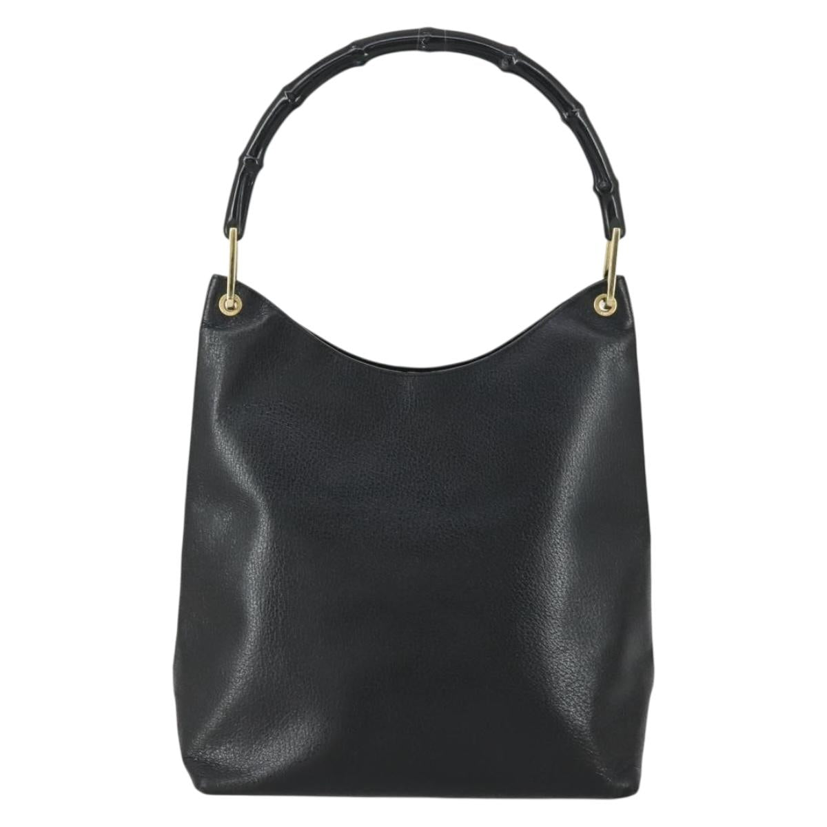 GUCCI Bamboo Shoulder Bag Leather Black Gold Auth 161651