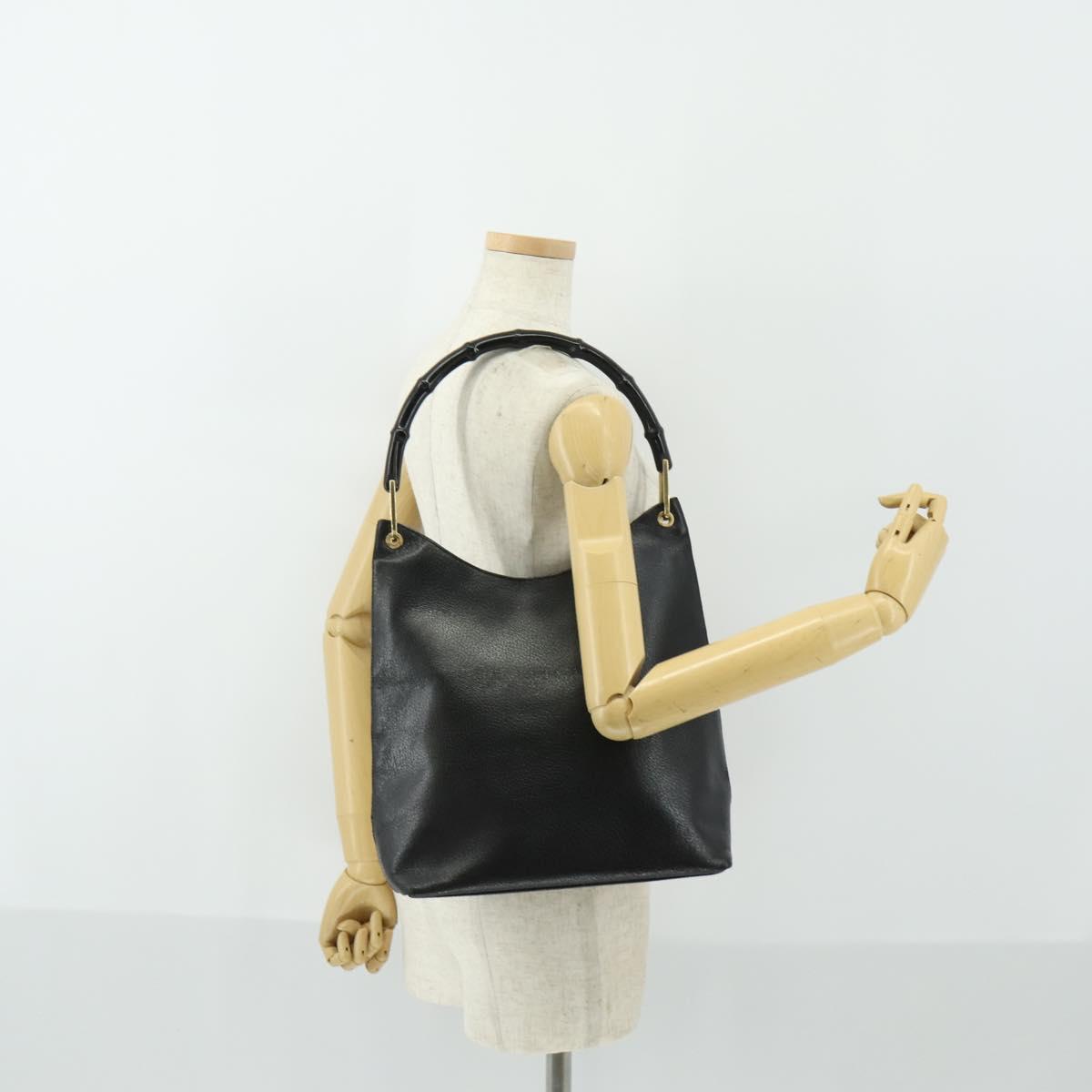 GUCCI Bamboo Shoulder Bag Leather Black Gold Auth 161651