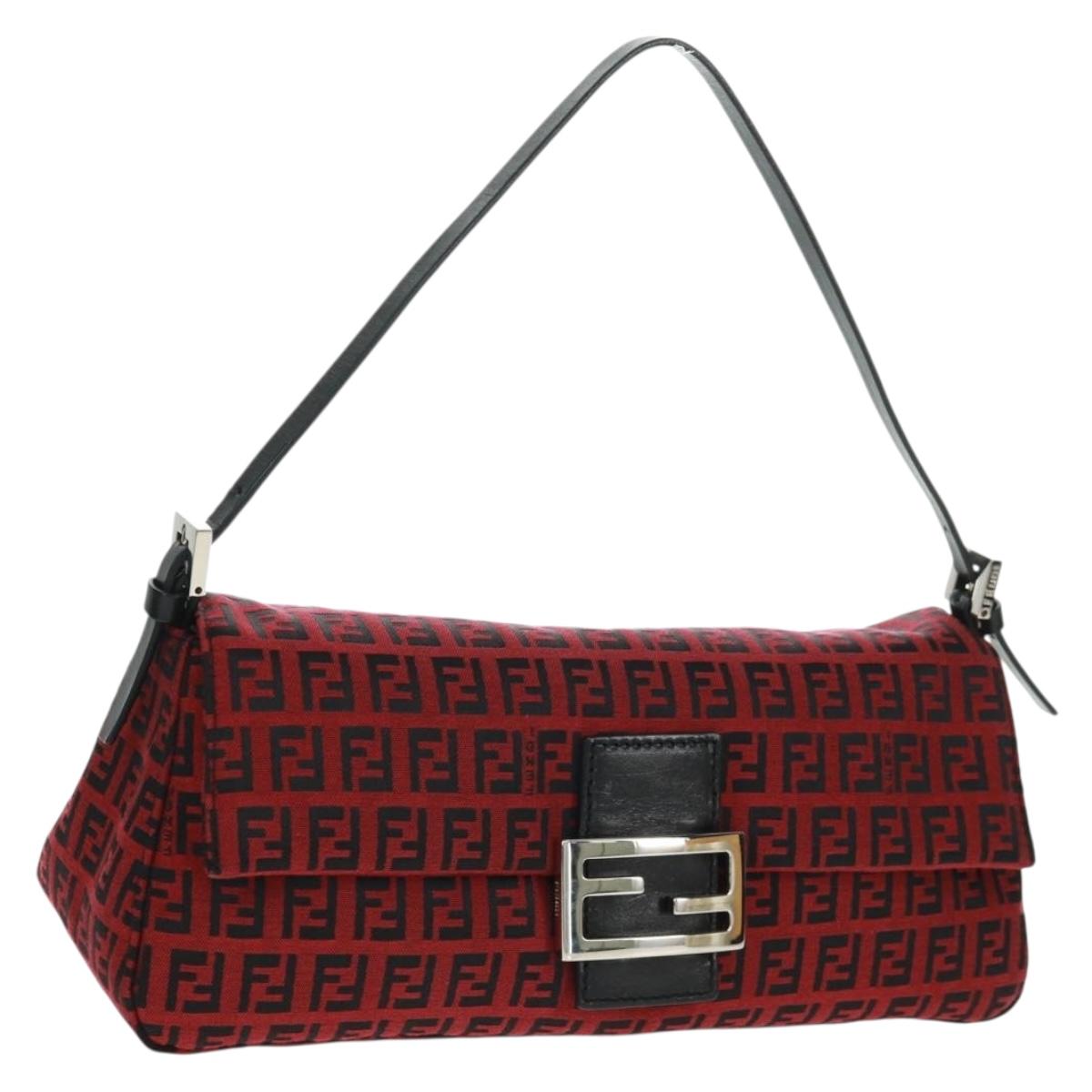FENDI Zucchino Canvas Mamma Baguette Shoulder Bag Red Silver Auth 161663SAV