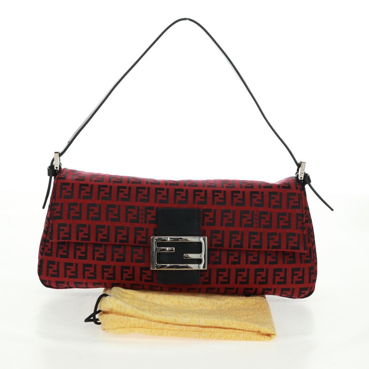 FENDI Zucchino Canvas Mamma Baguette Shoulder Bag Red Silver Auth 161663SAV