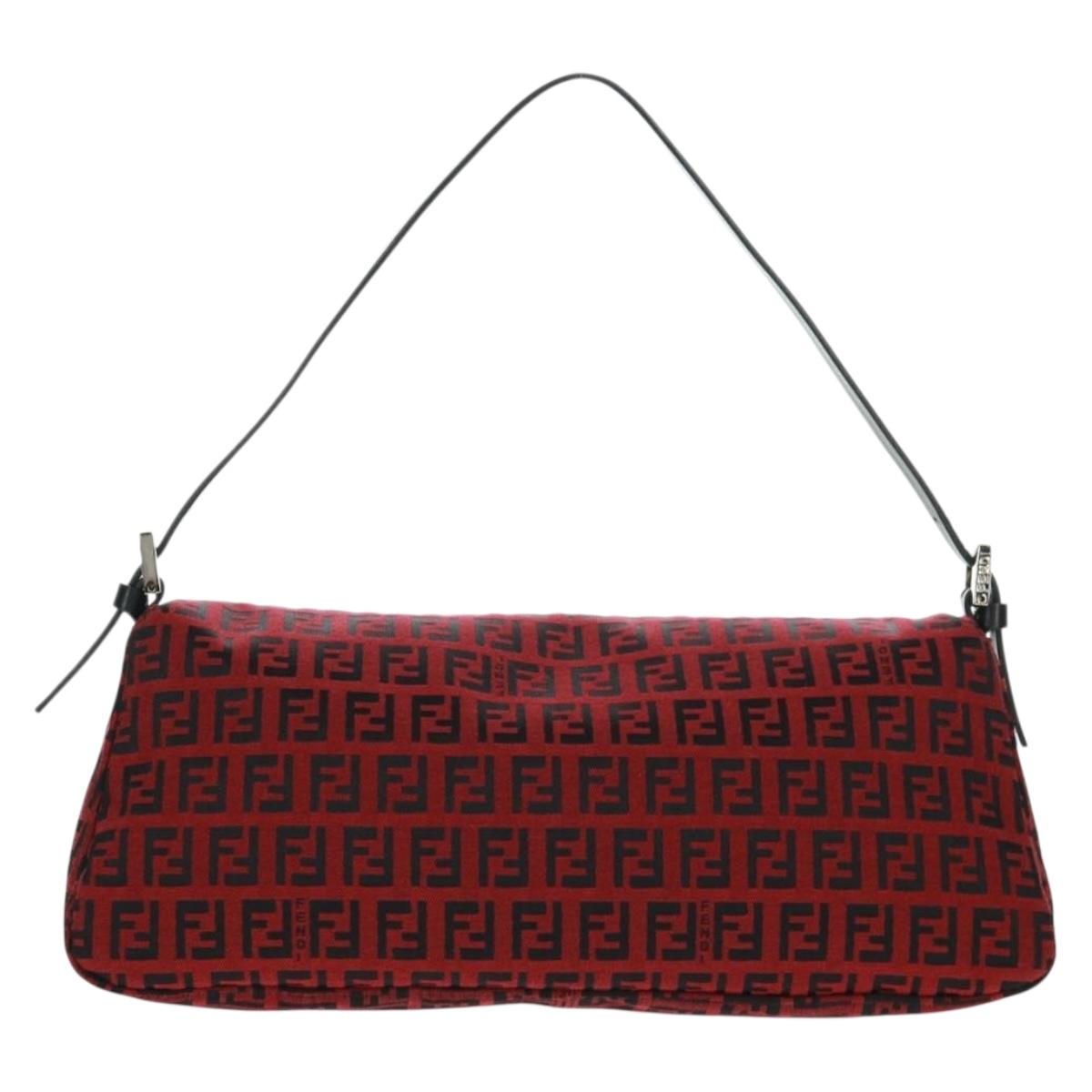 FENDI Zucchino Canvas Mamma Baguette Shoulder Bag Red Silver Auth 161663SAV
