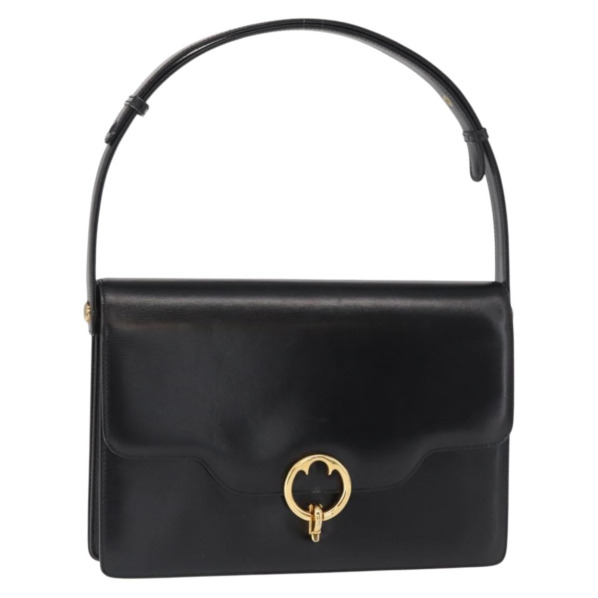 GUCCI Shoulder Bag Leather Black Gold Auth 161688