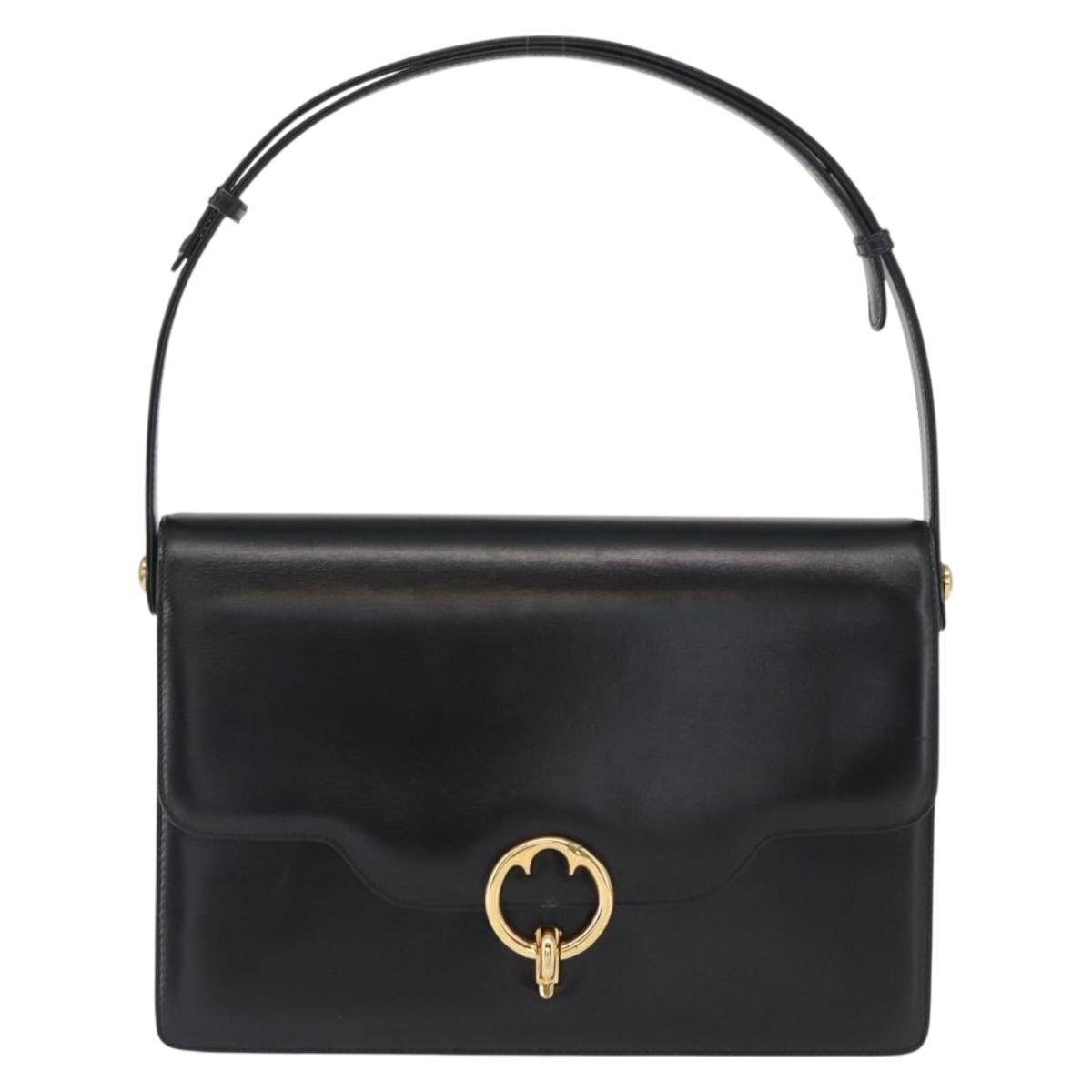 GUCCI Shoulder Bag Leather Black Gold Auth 161688