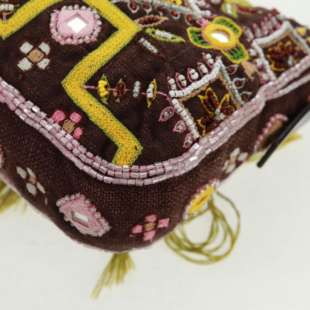FENDI Beads Mamma Baguette Shoulder Bag Canvas Silver Brown Auth 161704SV