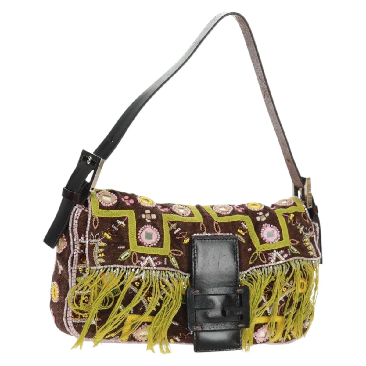 FENDI Beads Mamma Baguette Shoulder Bag Canvas Silver Brown Auth 161704SV