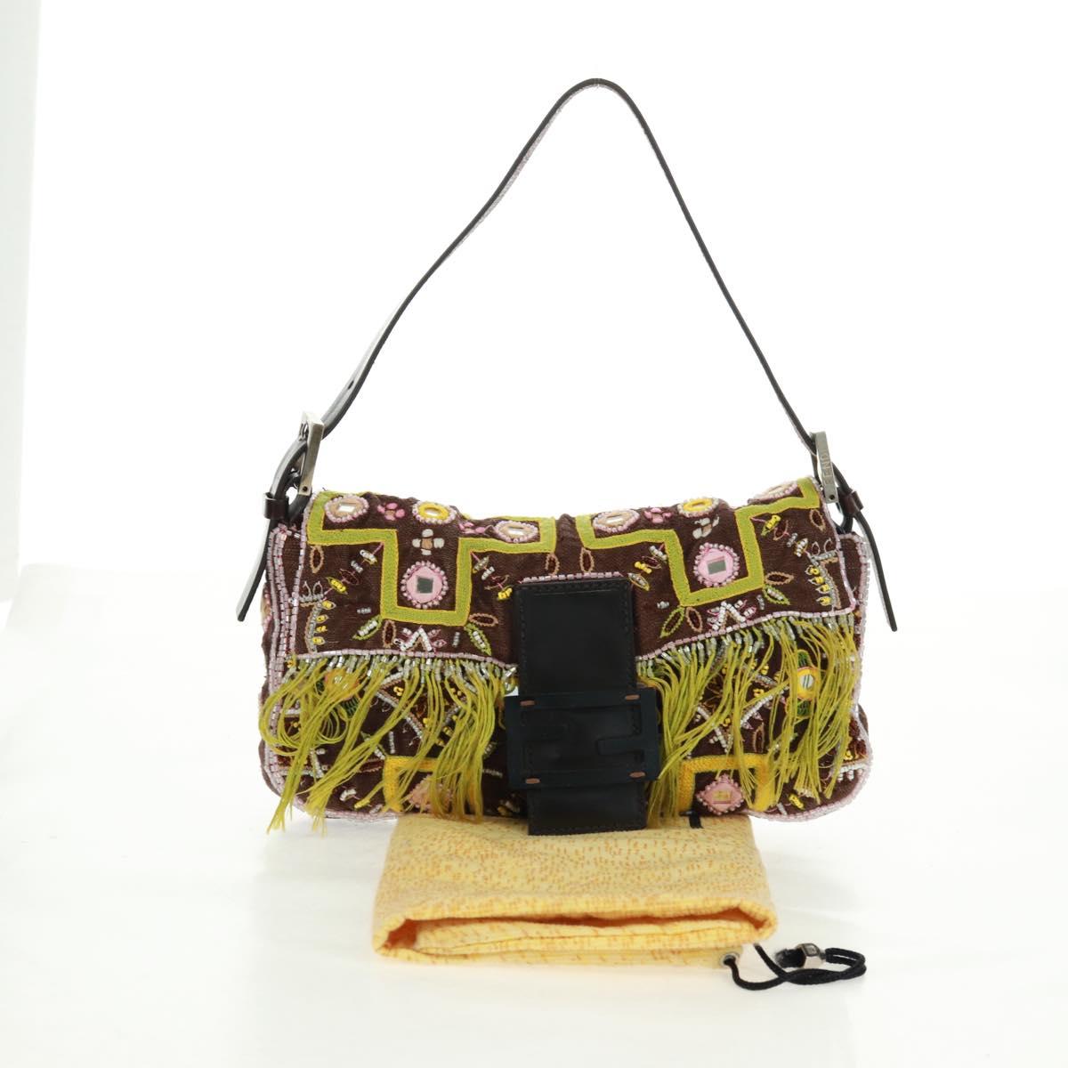 FENDI Beads Mamma Baguette Shoulder Bag Canvas Silver Brown Auth 161704SV