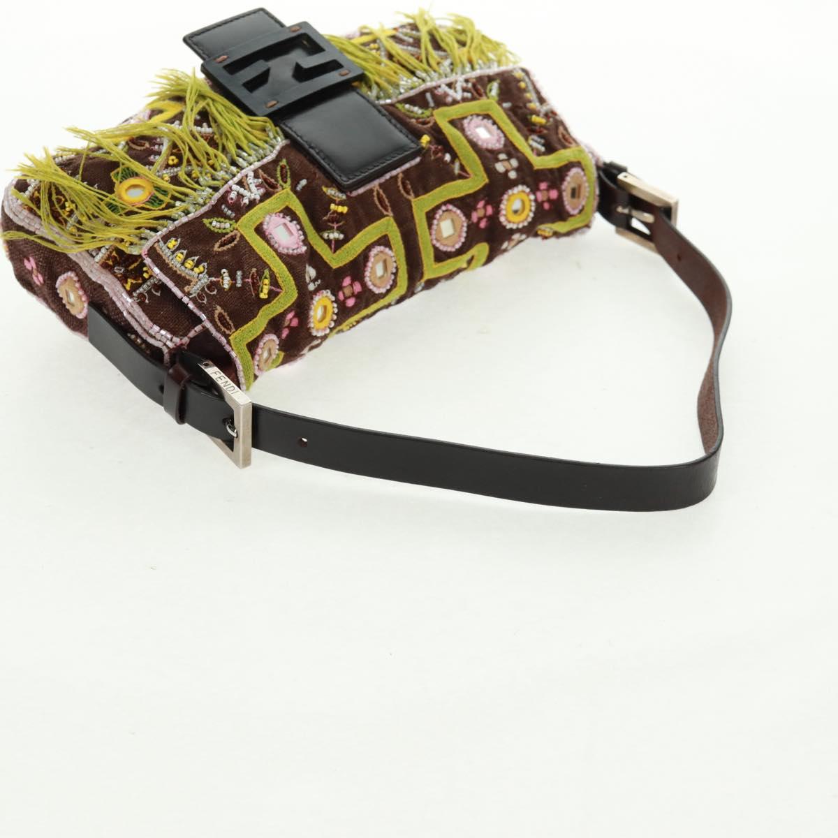 FENDI Beads Mamma Baguette Shoulder Bag Canvas Silver Brown Auth 161704SV